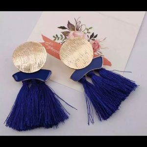 BLUE GOLD DISC MEDALLION TASSEL DANGLE FRINGE